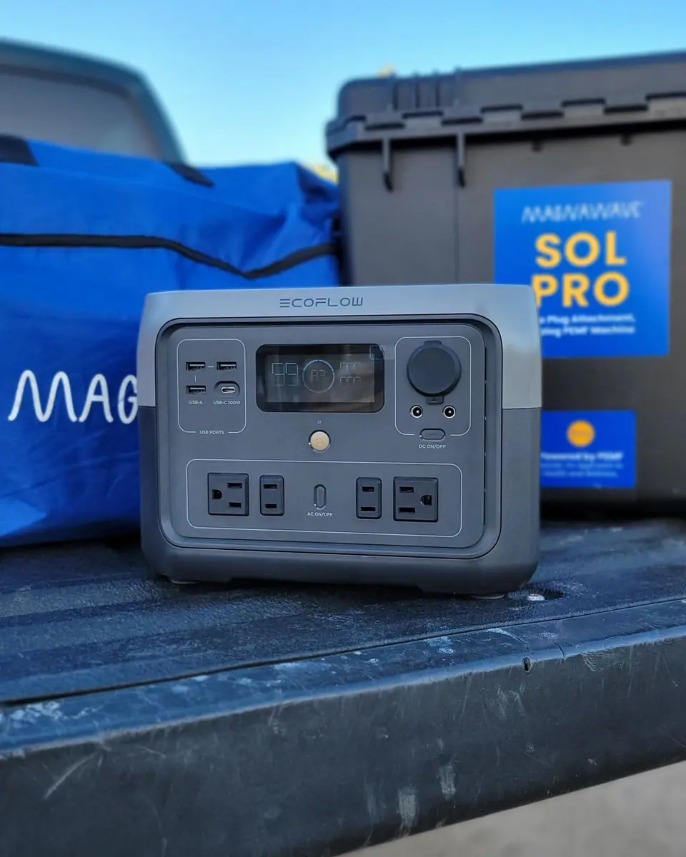 A portable power station in the truck bed, so sessions don't need barn power