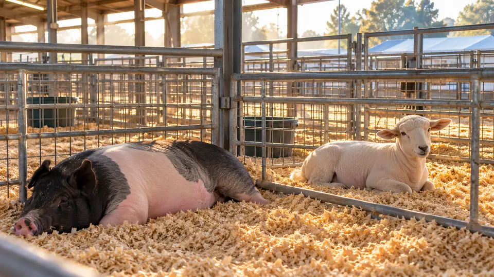 A quiet county-fair livestock barn in the early morning (illustrative)