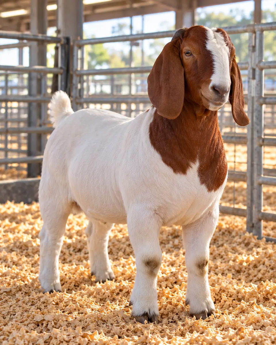 A Boer show goat standing calmly in a fair pen (illustrative)