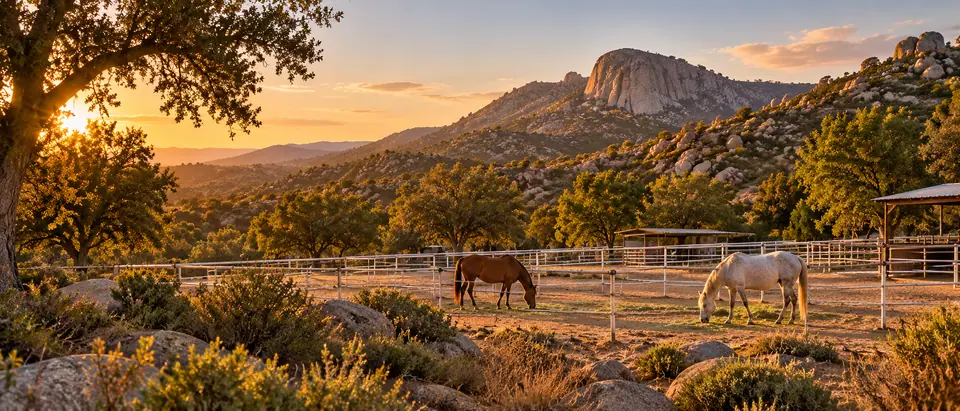 Golden-hour hills, oaks and a horse ranch in East San Diego County (illustrative)